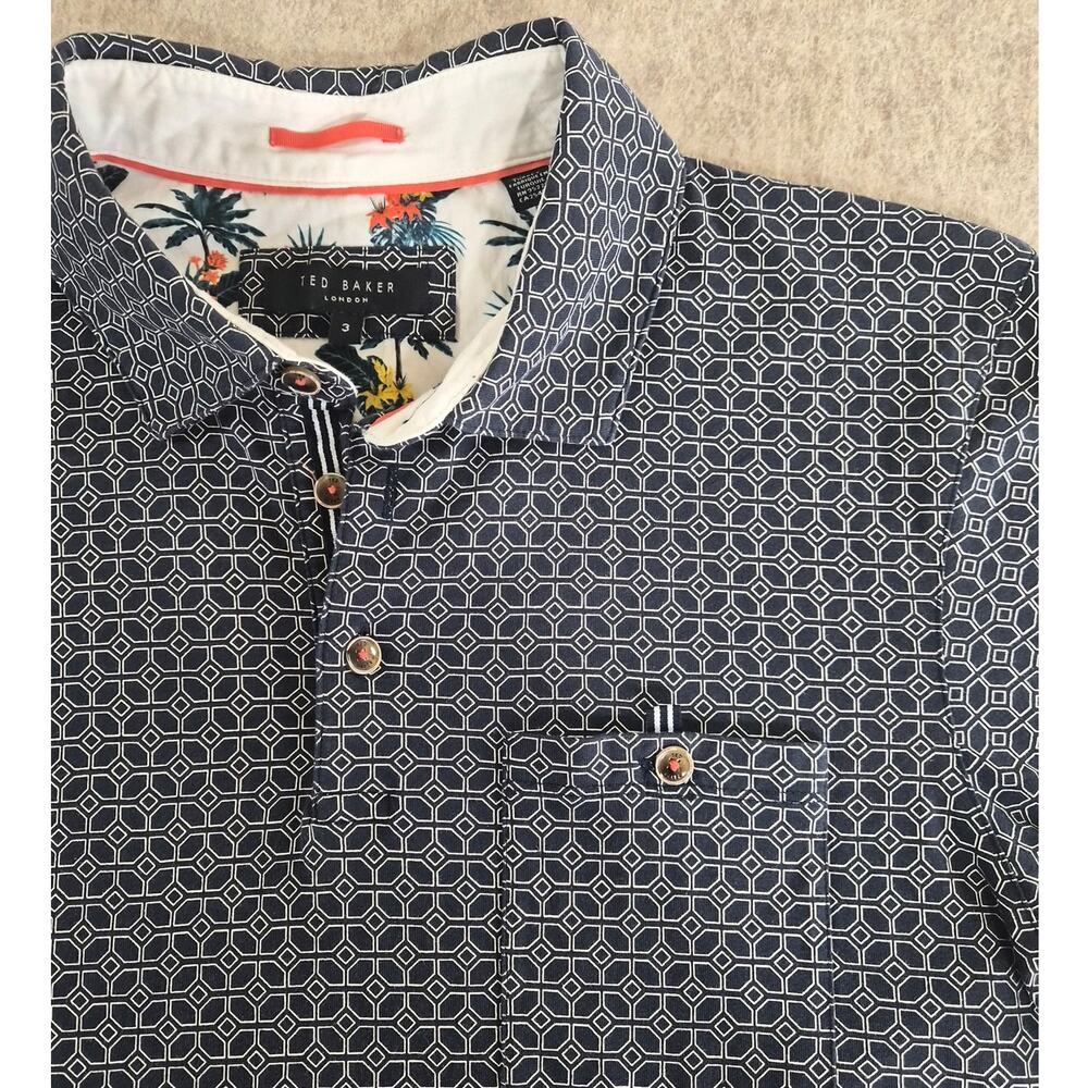 TED BAKER LONDON MENS SHORT SLEEVE SHIRT SIZE 3 M BLUE/GEOMETRIC